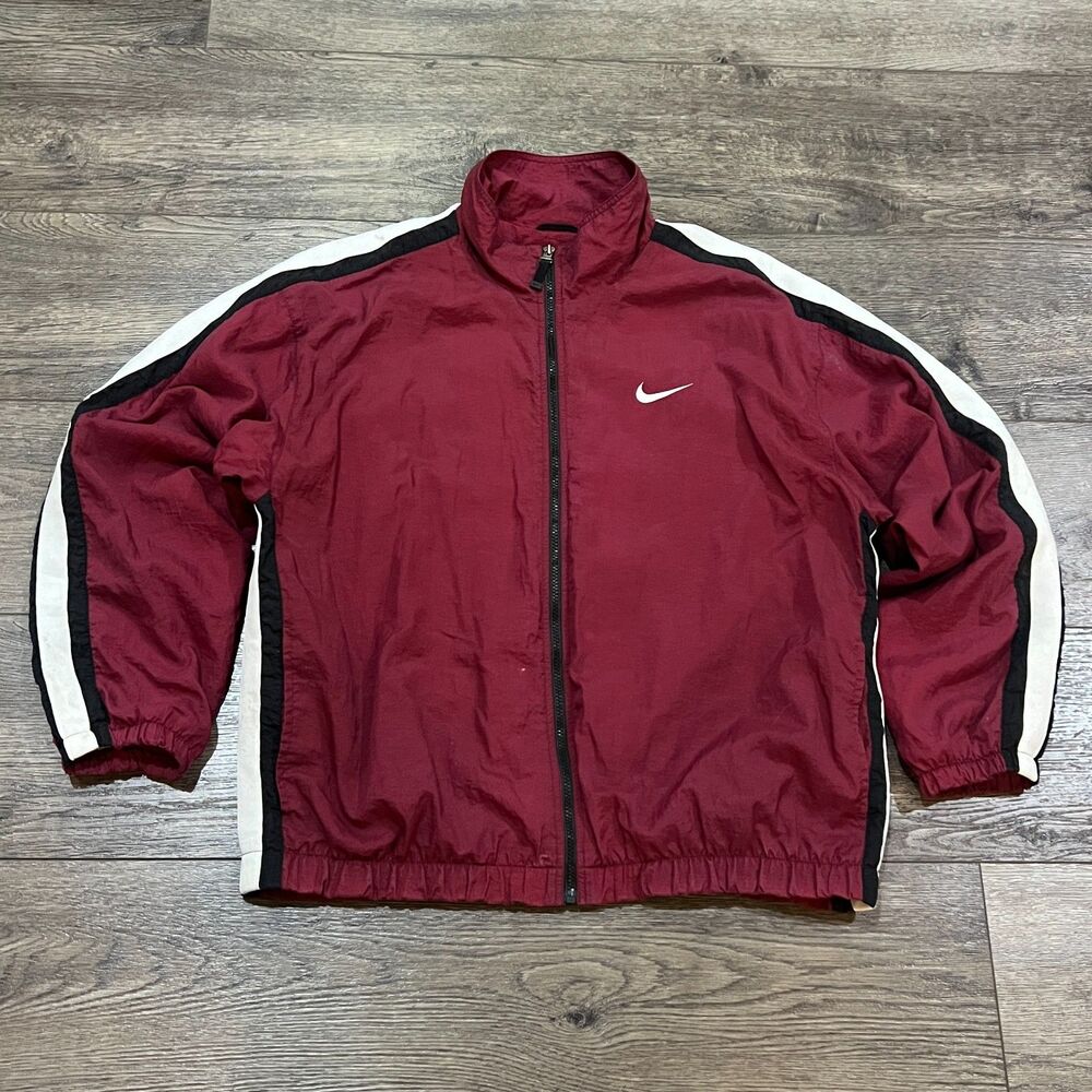Vintage 90s Nike Big Swoosh Full Zip Windbreaker Jacket Maroon Men's XL